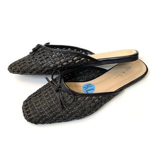 Nicole Miller Black Mesh Mules Sandals Weave Cutout Bow Cushioned Sole NWT